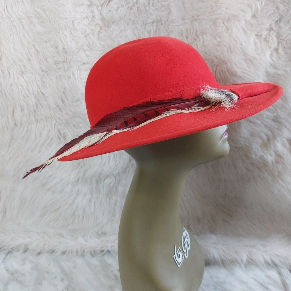 Vintage Women Red Felt Wool Wide Brim Feather Fedora Hat
